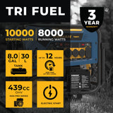 Tri Fuel Portable Generator 8000W Electric Start 120/240V