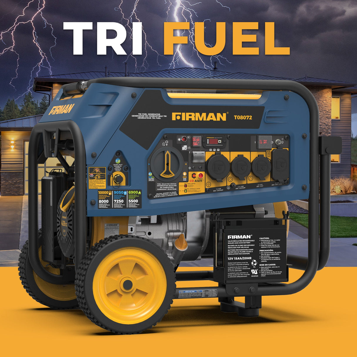 Tri Fuel 8000W Portable Generator Electric Start 120/240V with CO ALERT
