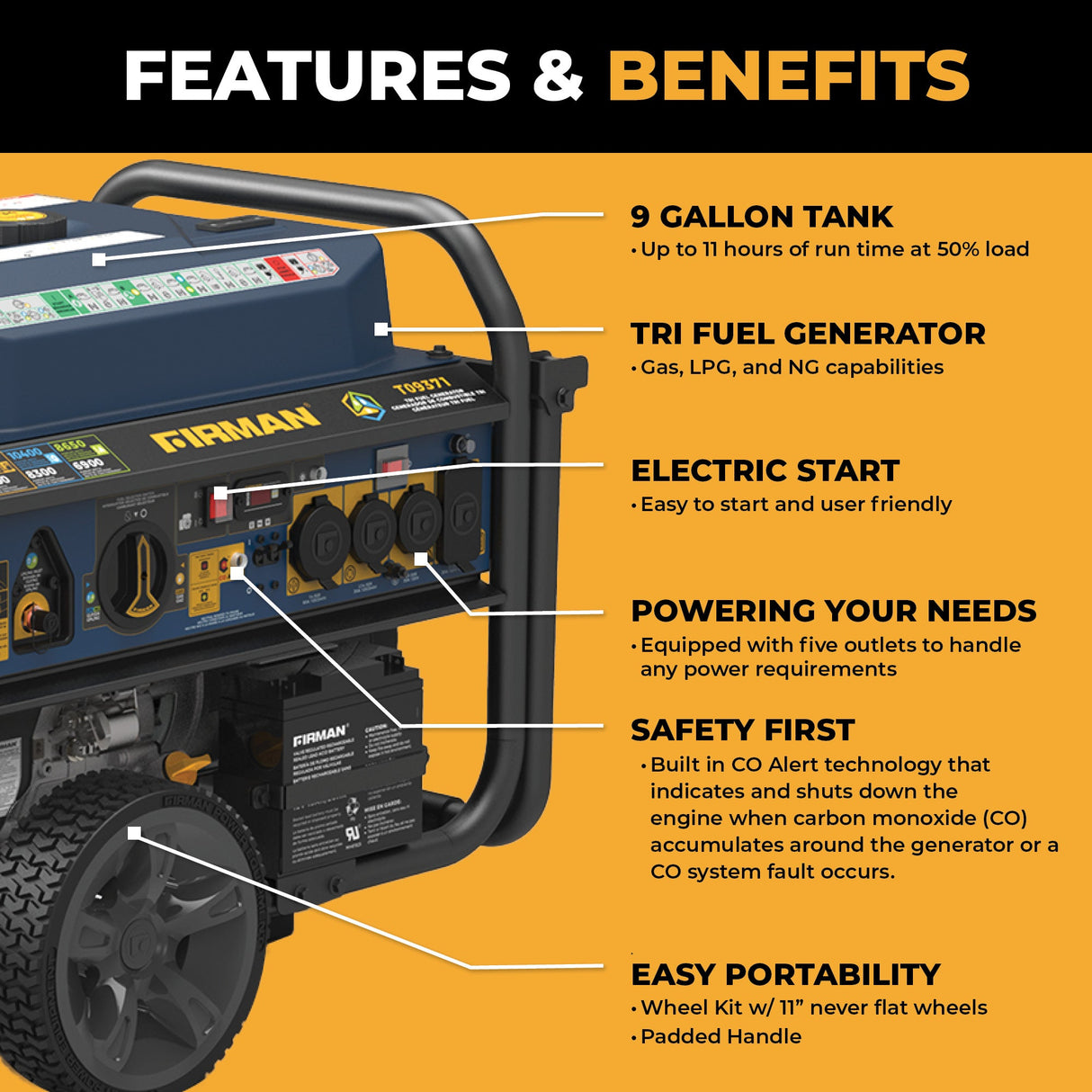 Tri Fuel Portable Generator 11600/9300W Electric Start 120V/240V with Power Cord