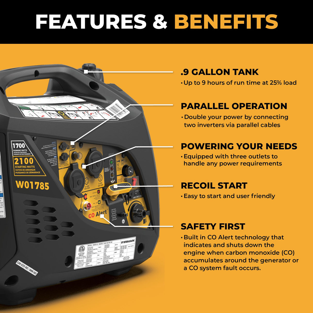 Inverter Portable Generator 2100W Recoil Start with CO Alert