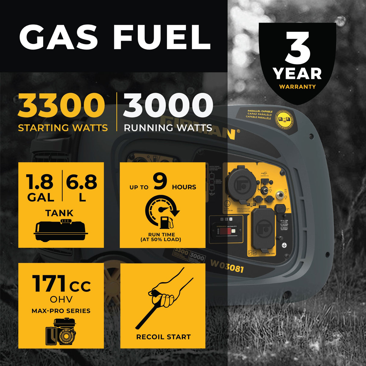 Inverter Gas Portable Generator 3300W Recoil Start