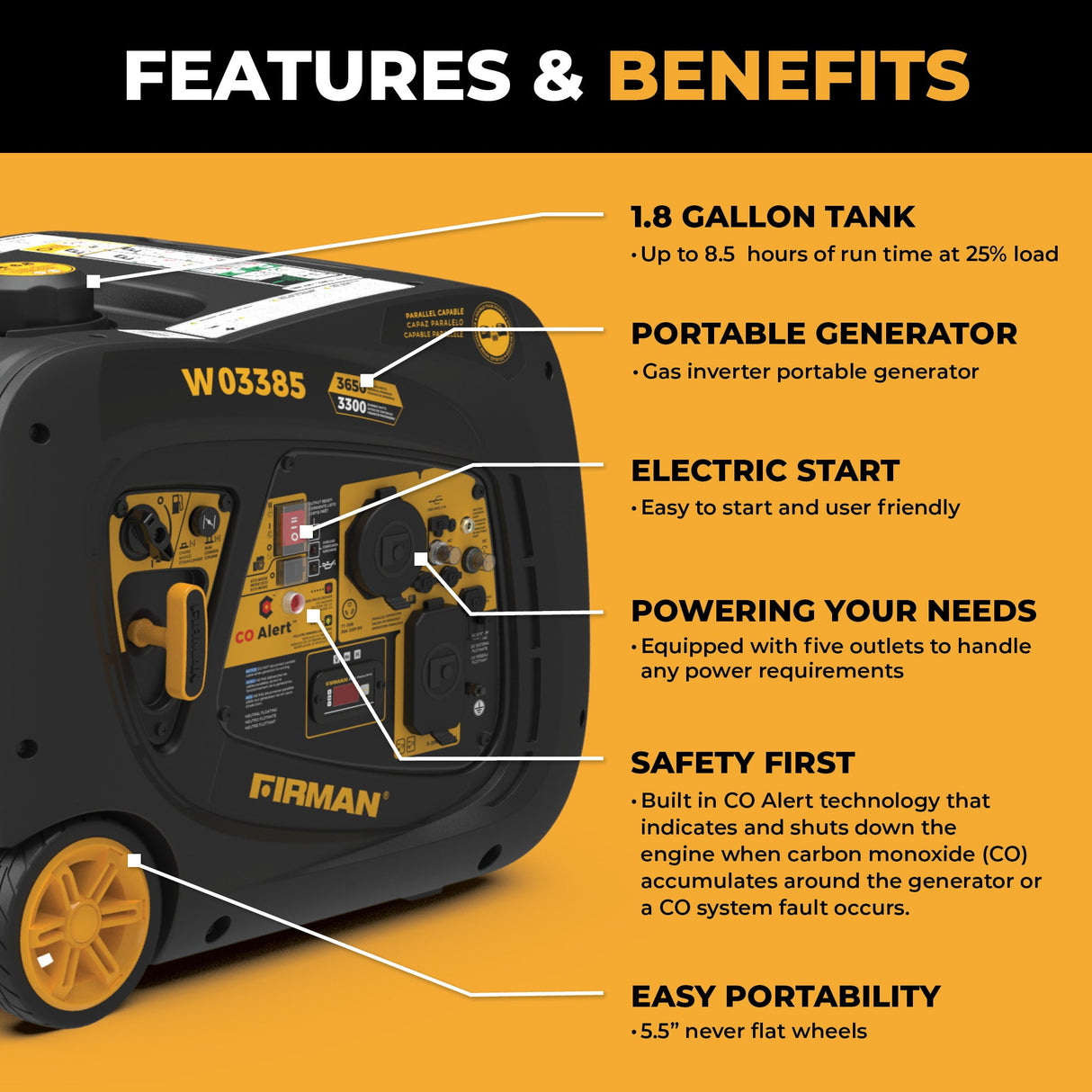 INVERTER PORTABLE GENERATOR 4125W WITH CO ALERT