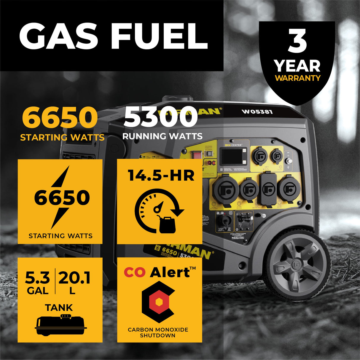 Gas Inverter Portable Generator 6650/5300 Watt 120/240V CO Alert