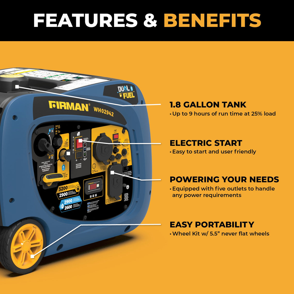 Dual Fuel Inverter Portable Generator 3200W Electric Start