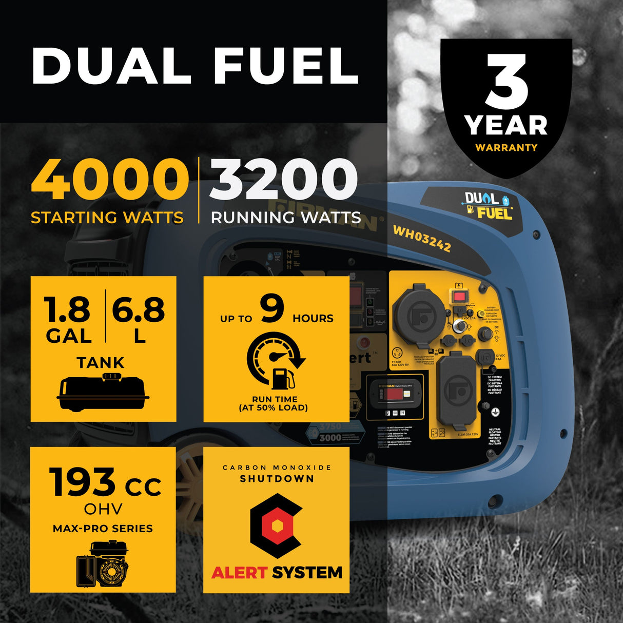Dual Fuel Inverter Portable Generator 4000W Electric Start with CO ALERT