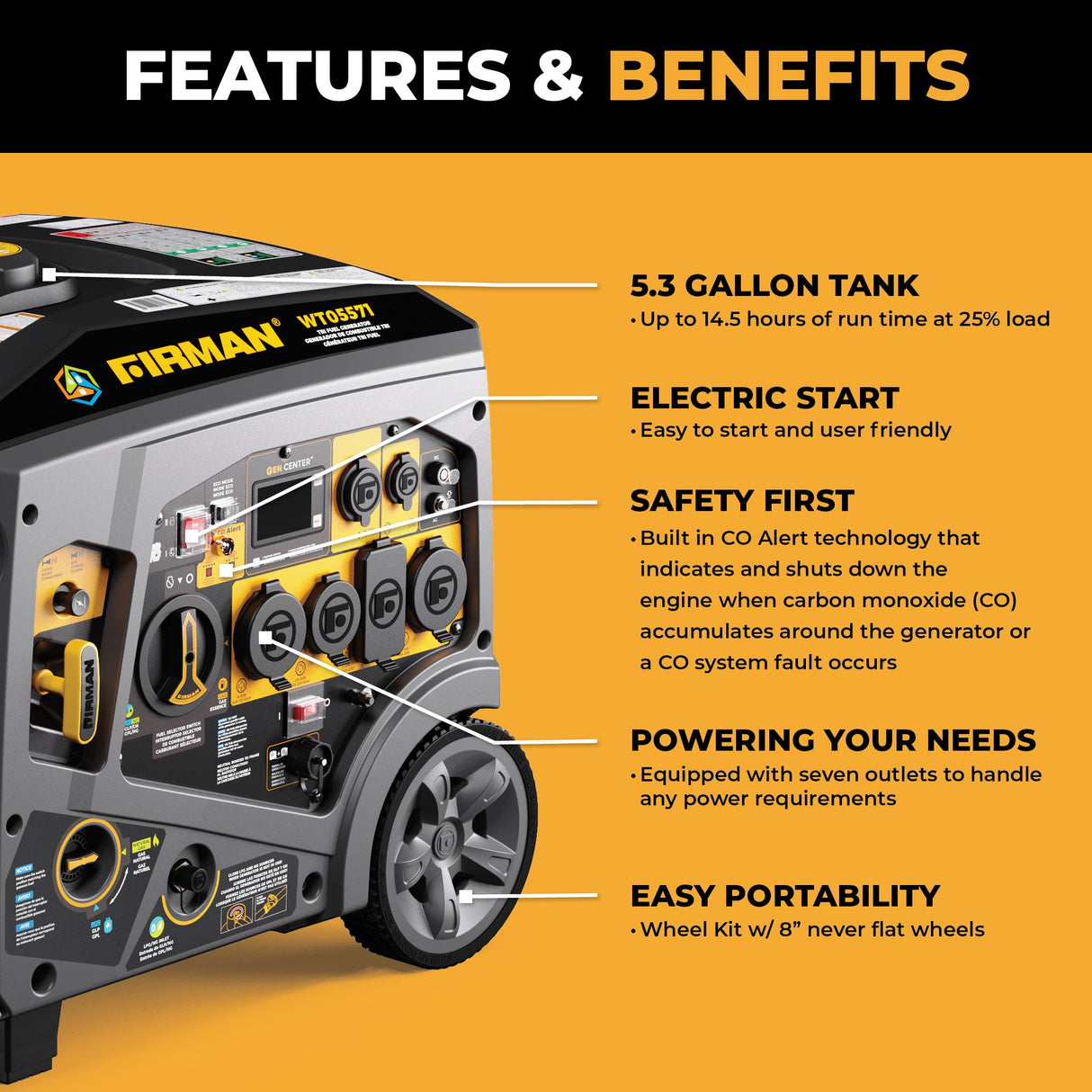 Tri Fuel Inverter Portable Generator 6850W Electric Start With CO Alert