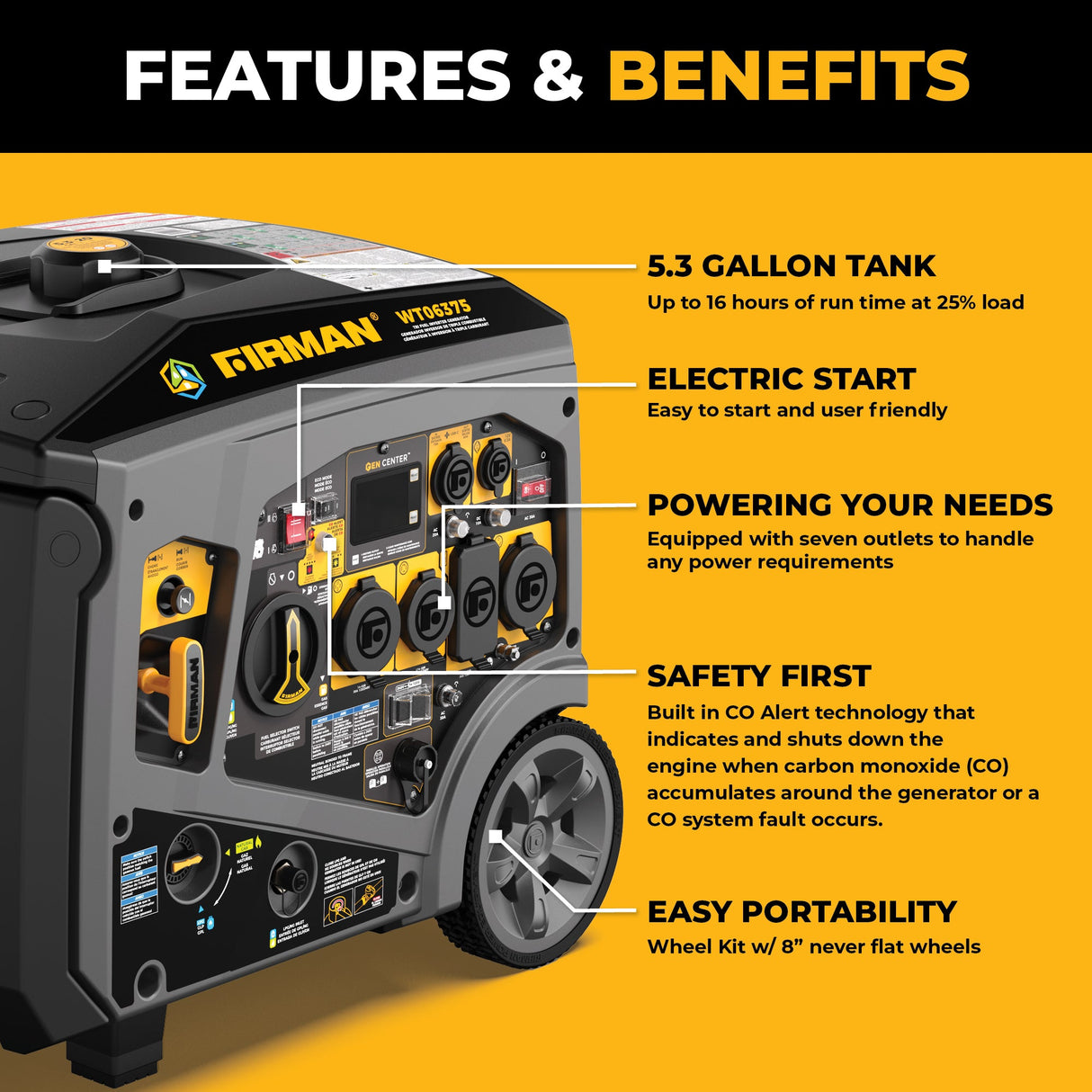 Tri-Fuel Inverter Portable Generator 7850/6300 Watt Electric Start 120/240V Parallel Ready with CO Alert