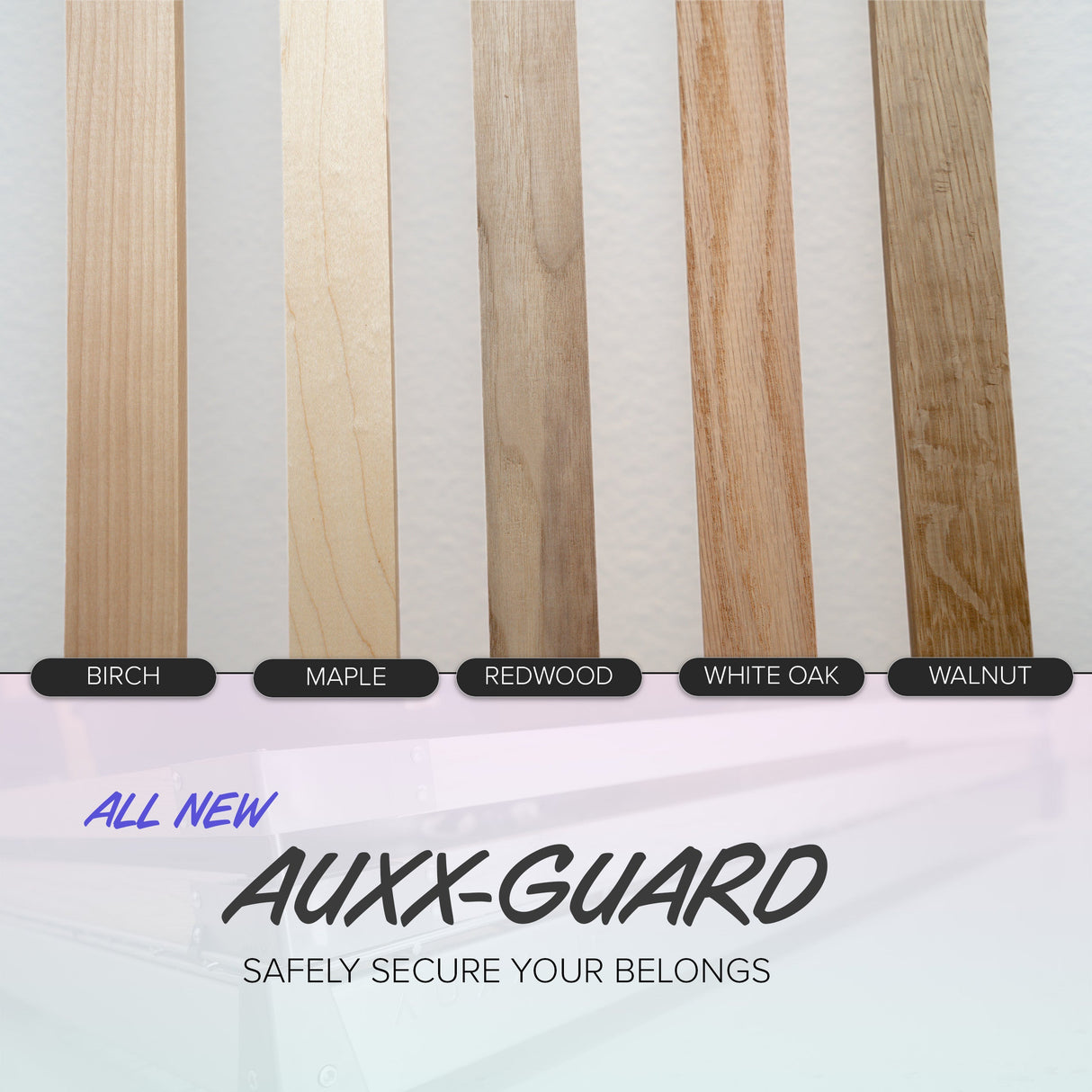 Various samples of Auxx Guard finishes, showcasing different wood finishes and textures for durable and stylish finish options.