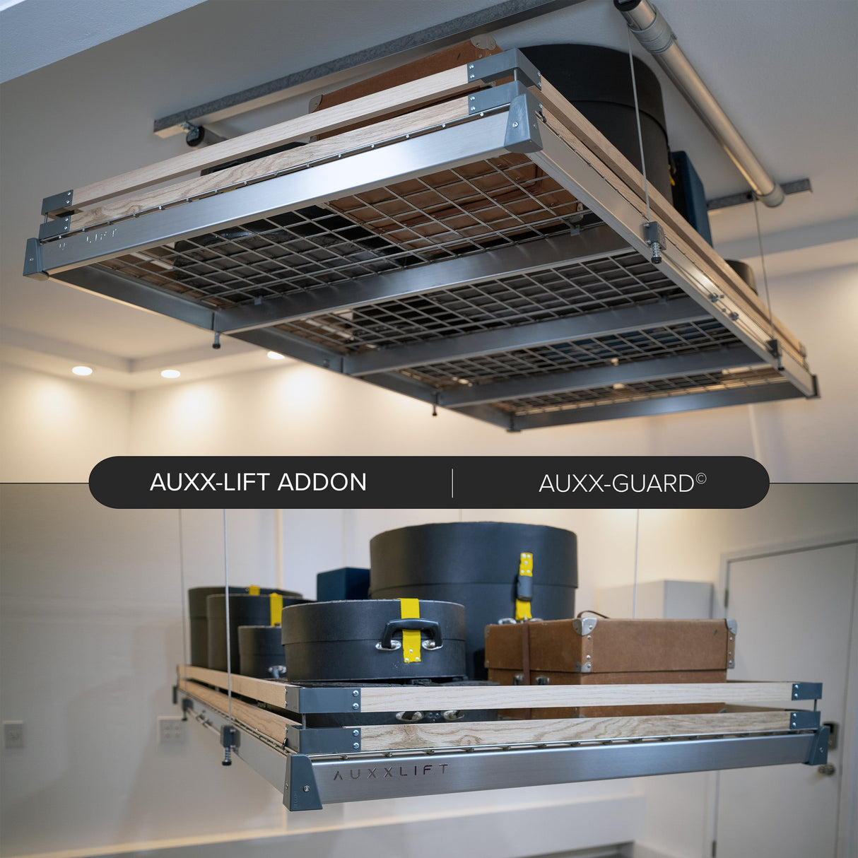 Motorized overhead garage storage lift system, displaying efficient use of ceiling space with neatly organized storage bins.