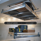 Motorized overhead garage storage lift system, displaying efficient use of ceiling space with neatly organized storage bins.