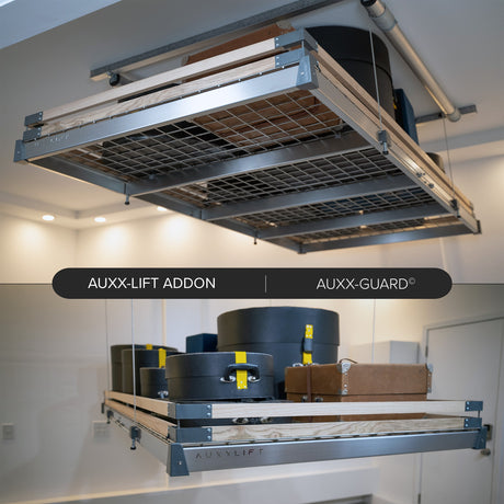 Motorized overhead garage storage lift system, displaying efficient use of ceiling space with neatly organized storage bins.