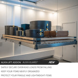 Motorized garage storage lift system with bins, illustrating efficient overhead storage solutions and organized space.