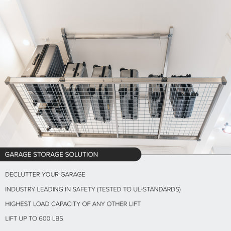Overhead garage storage platform holding multiple suitcases neatly organized.