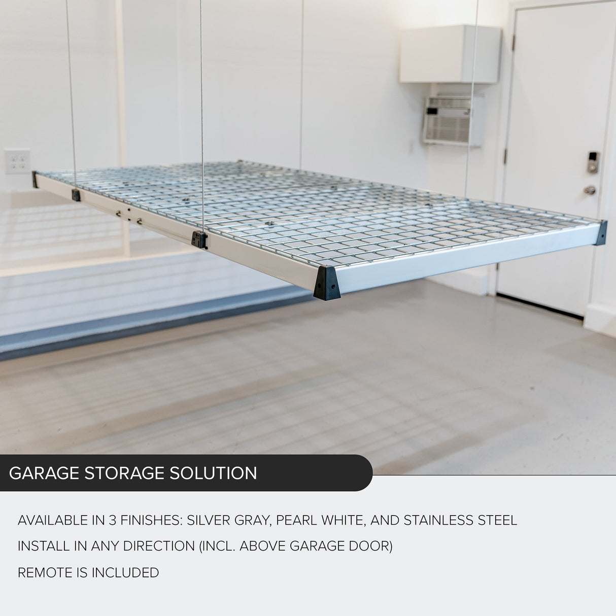 Empty garage storage platform in a clean, organized garage space.