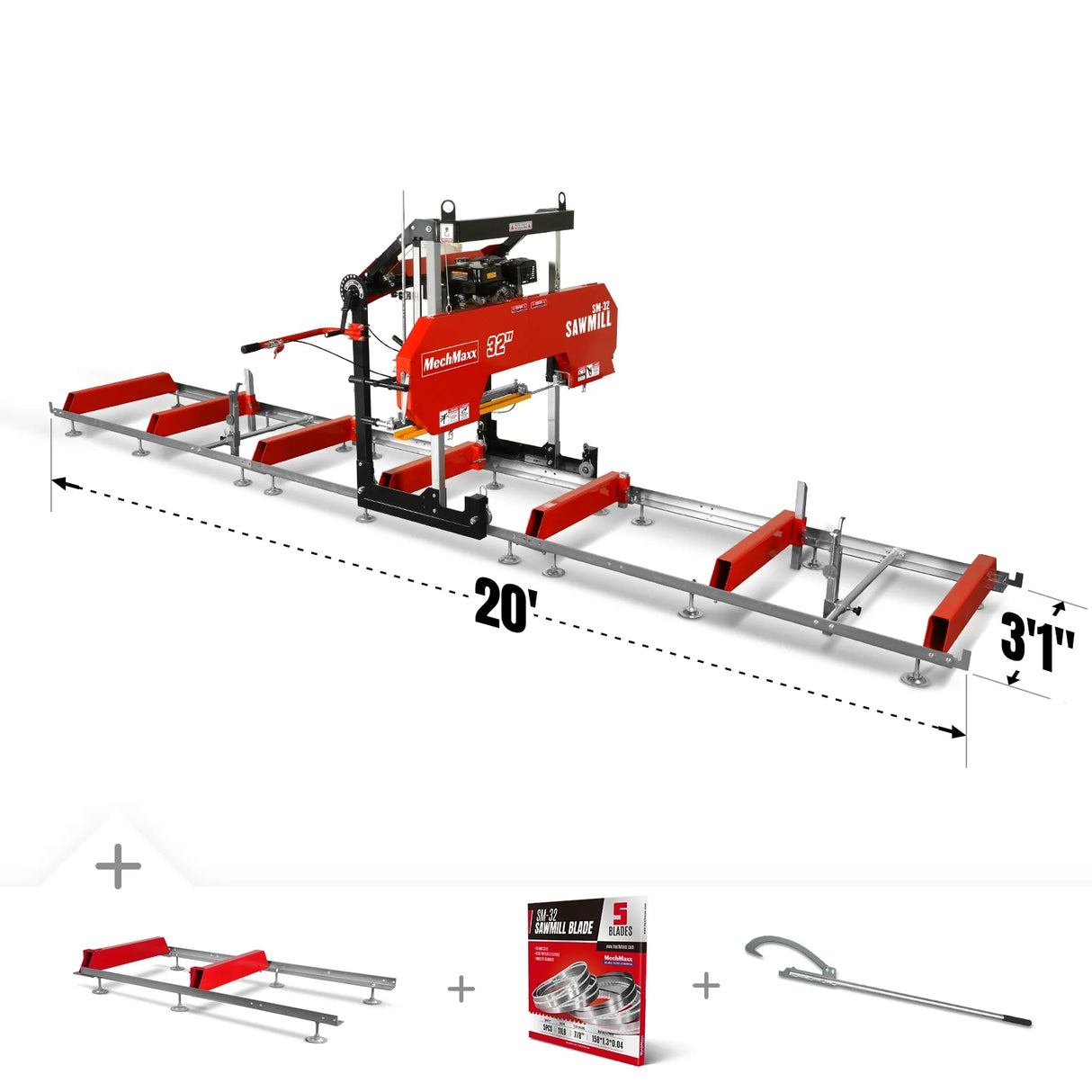 MechMaxx 32" Portable Sawmill (5 x Blades Included), 459cc 15HP E-Start Gasoline Engine, 26.5" Board Width, 20' Track Length (13' Track Length + 6.4' Track Extension Included), SM-32