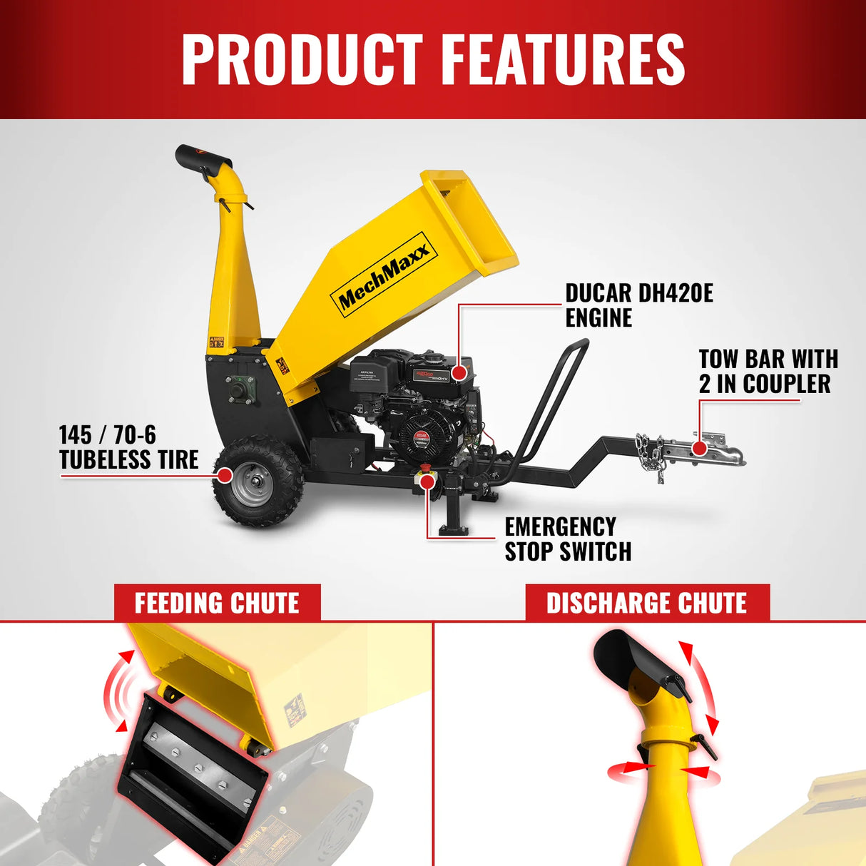 MechMaxx 5 inch E-start DUCAR 420cc 15hp Gasoline Engine Powered Drum Wood Chipper with Towbar ,  PGS1500