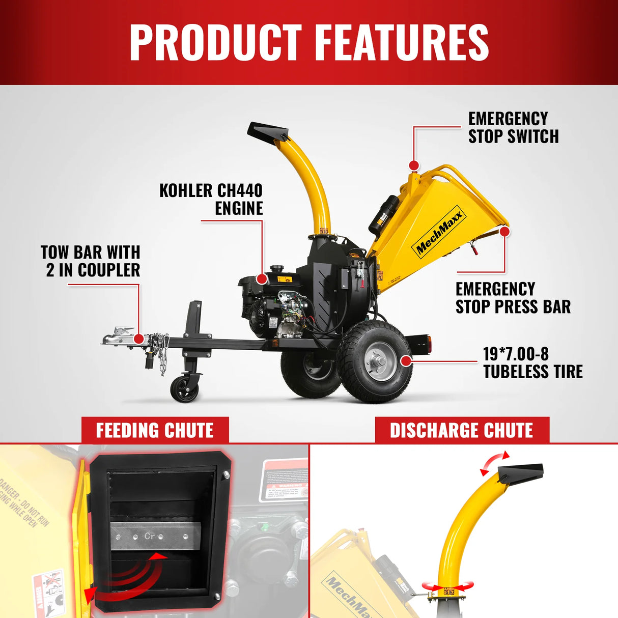 MechMaxx 5 inch E-Start KOHLER 429cc 14hp Gasoline Engine Powered Disc Wood Chipper with Taillight ,  P4205