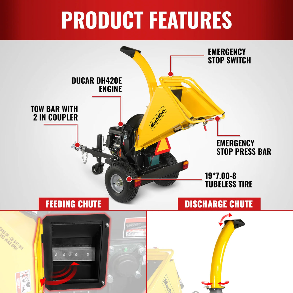 MechMaxx 5 inch E-start DUCAR 420cc 15hp Gasoline Engine Powered Disc Wood Chipper with Taillight ,  P4205