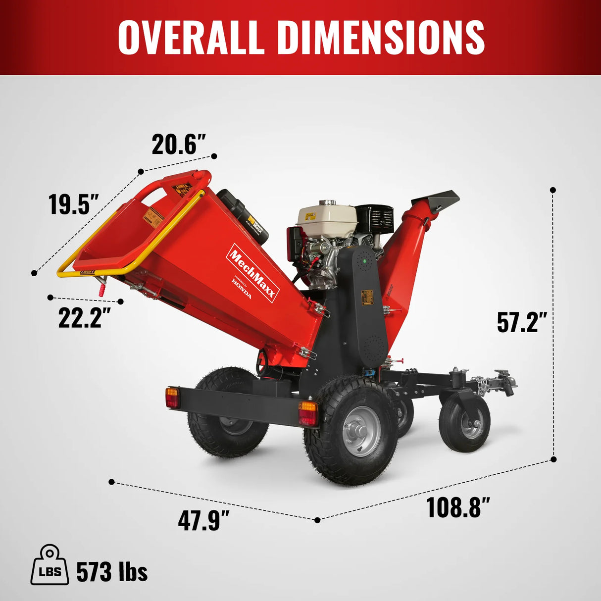 MechMaxx 6 inch HONDA E-Start Gasoline Engine Powered 4 - Wheel Drum Wood Chipper with Taillight ,  B150