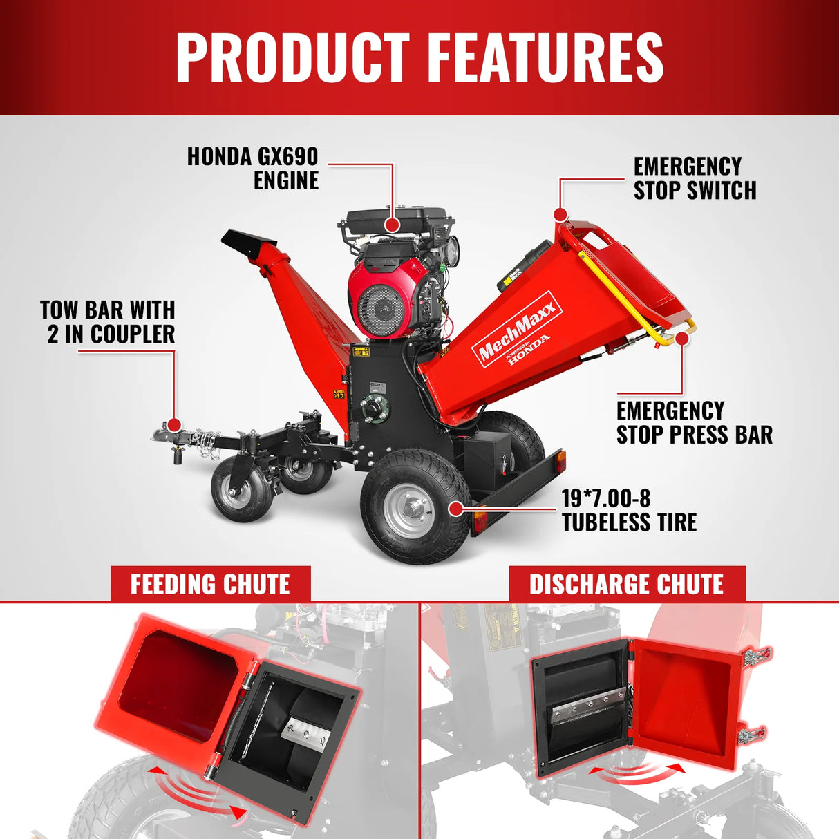 MechMaxx 8 inch HONDA E-Start 688cc 22hp Gas Powered 4 - Wheel Drum Wood Chipper with Taillight ,  B200
