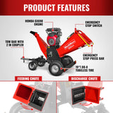 MechMaxx 8 inch HONDA E-Start 688cc 22hp Gas Powered 4 - Wheel Drum Wood Chipper with Taillight ,  B200